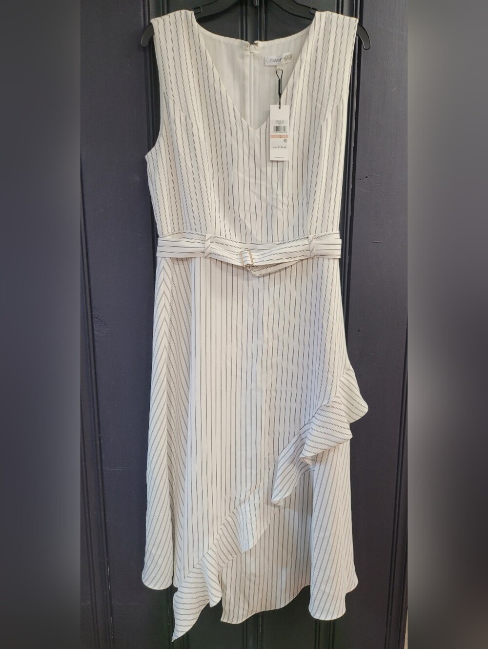 Calvin Kline Sleeveless White Pinstripe Belted Midi Dress